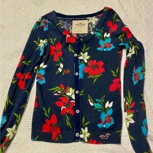 Hollister y2k Floral Cardigan Sweater Holiday womens Small Christmas Red Blue